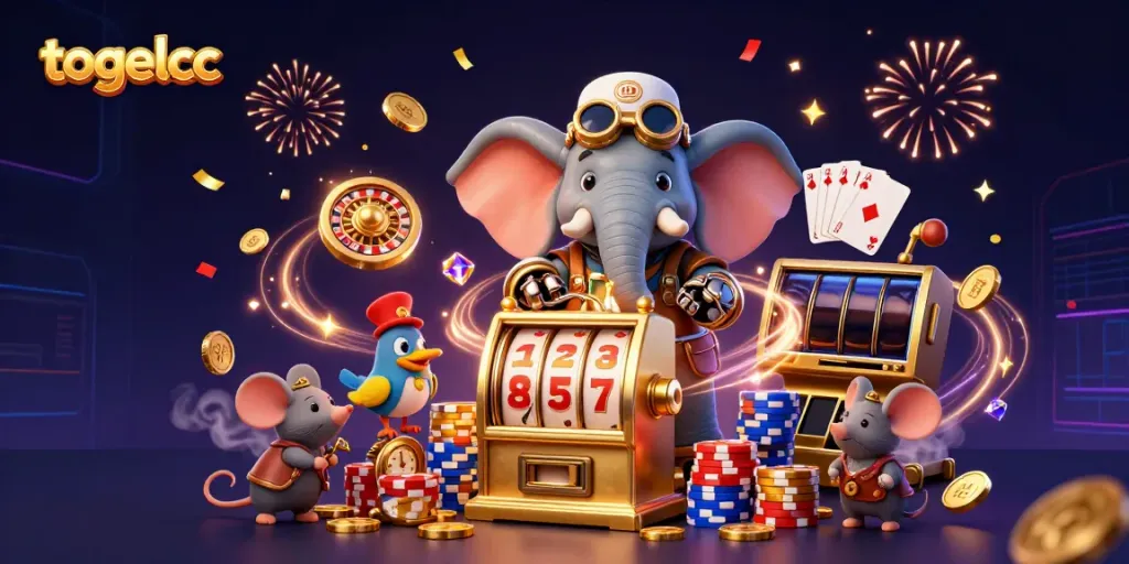 Experience the excitement of togelcc with a steampunk elephant engineer at a vibrant casino scene.
