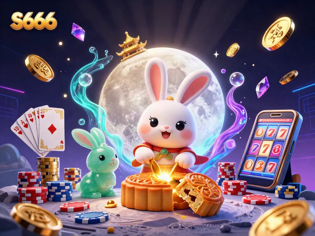 S666 luck shines with a moon rabbit pounding mooncakes revealing poker chips in an enchanting casino scene.
