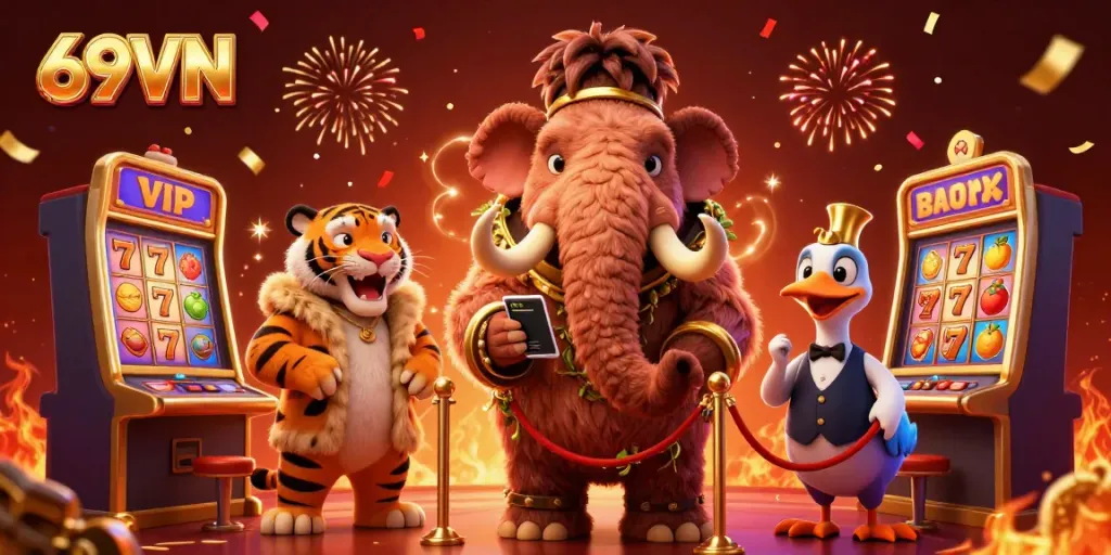 Experience the excitement at 69VN with a VIP saber-tooth guest and a mammoth bouncer in a lively casino atmosphere.
