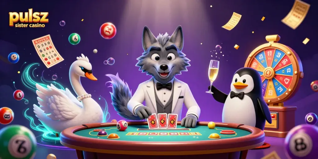 Pulsz sister casino scene with a debonair wolf, swan, and penguin celebrating at a vibrant gaming table.