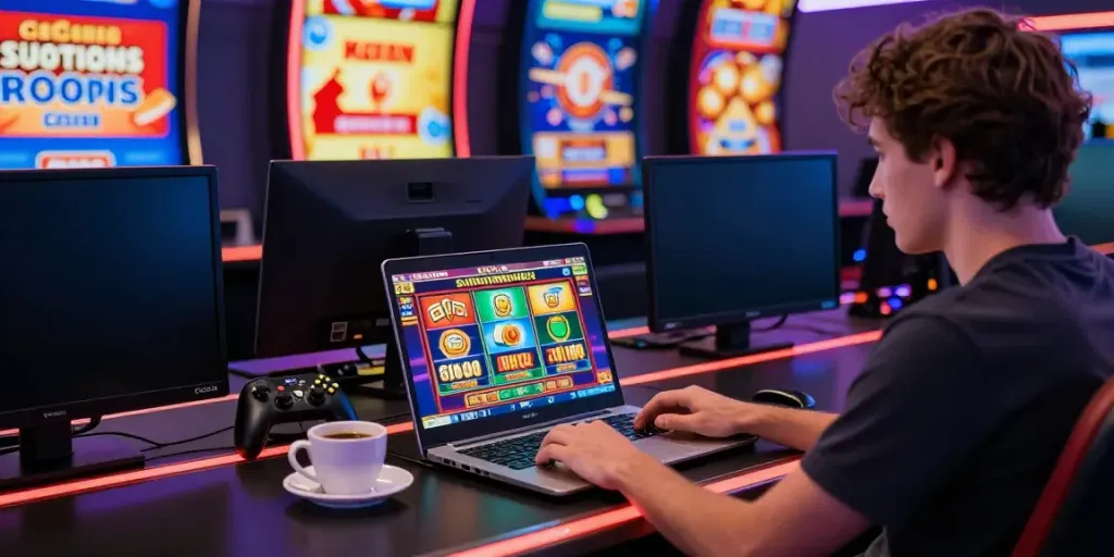 Spiele im Ica Casino Österreich: Spieler am Laptop mit spannenden Bonusangeboten und bunter Grafik.