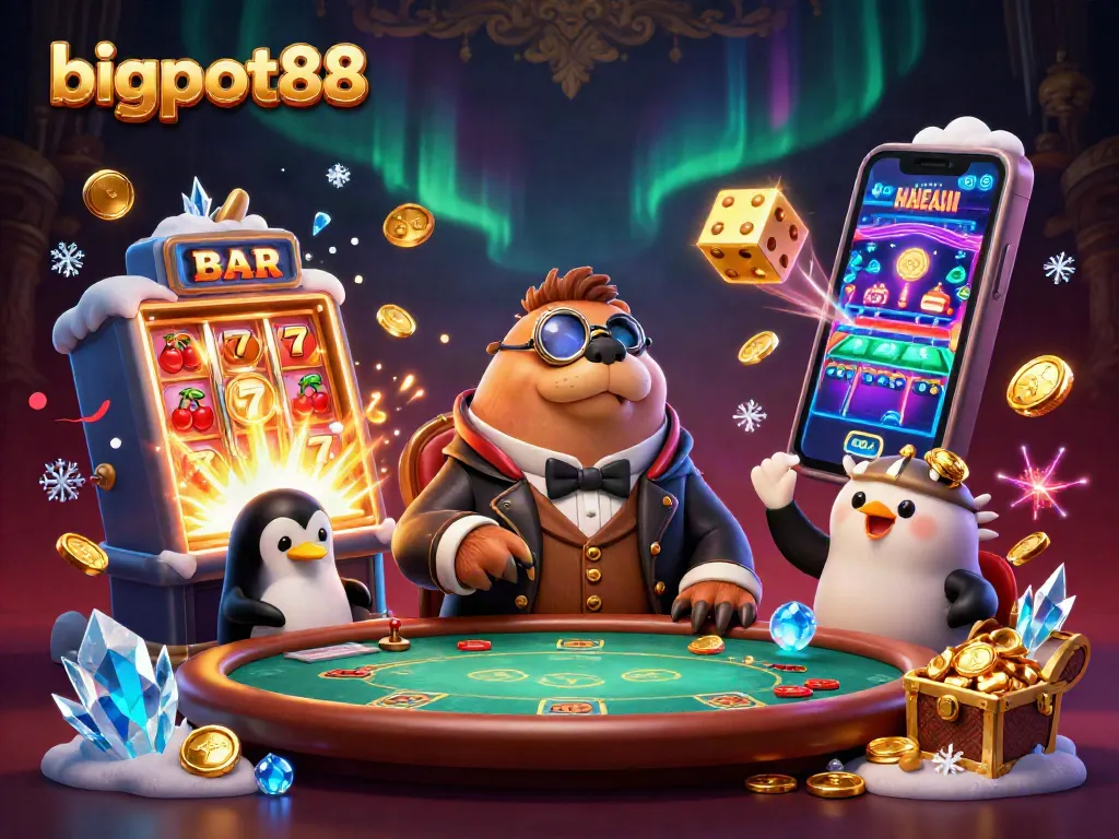 bigpot88 sambil bermain poker, walrus bergaya Victoian di meja bawah laut dengan dealer penguin.
