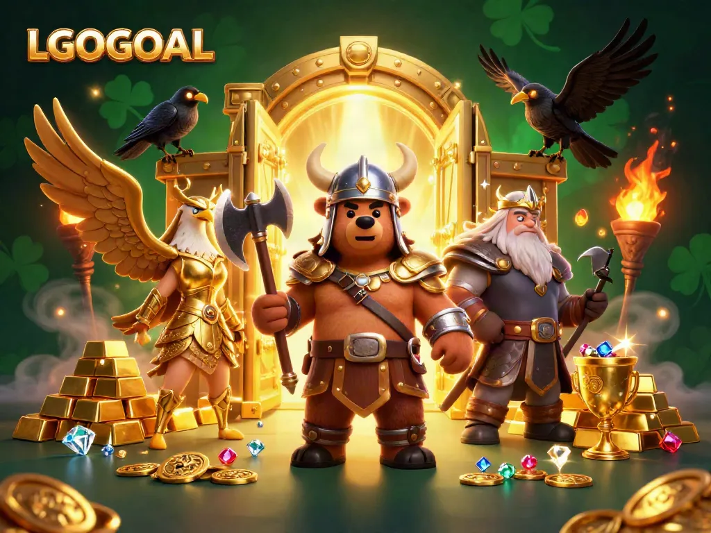 Experience excitement with LGOGOAL's vibrant digital casino art showcasing a Viking bear and Valkyrie eagle.