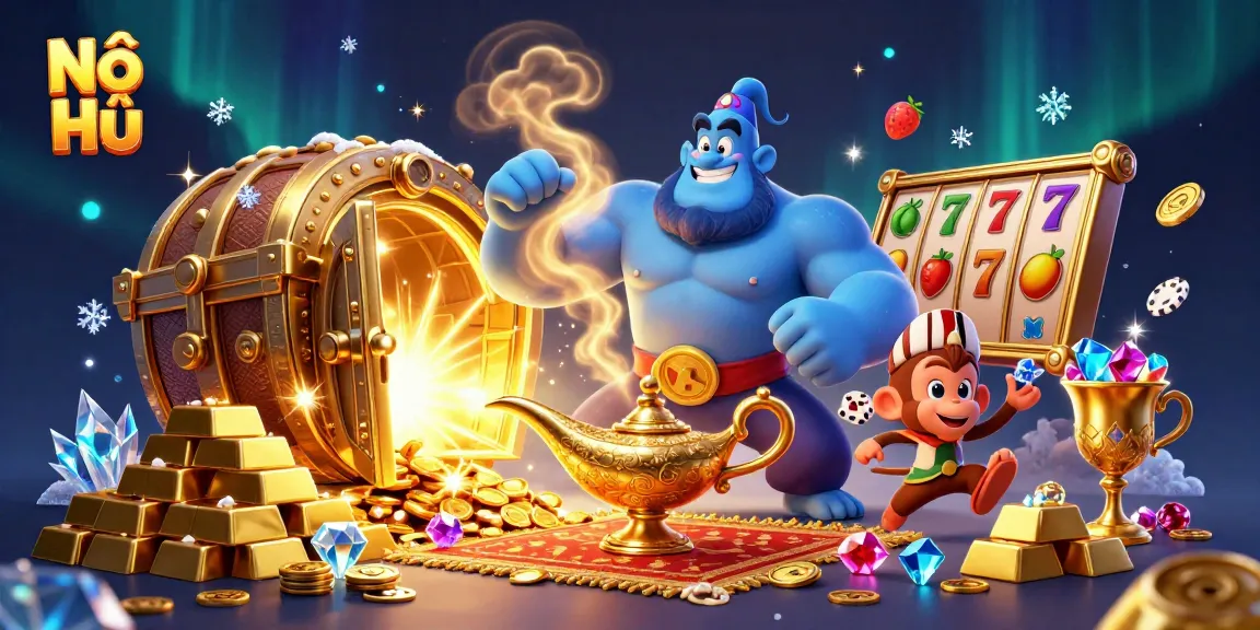 Nổ Hũ reveals a magical jackpot scene featuring a powerful blue genie and treasure-filled carpet.