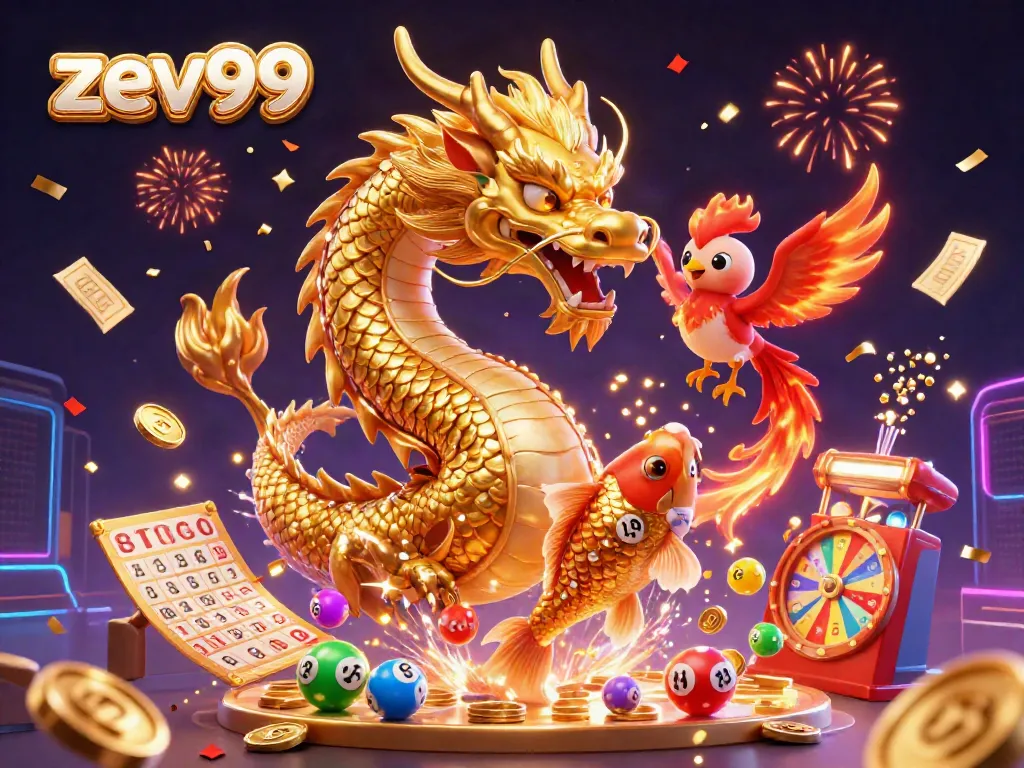 Win big at zev99 with dazzling casino elements surrounding a majestic dragon and vibrant characters.