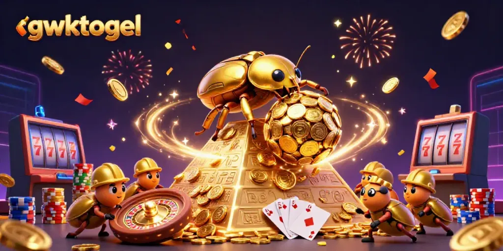 GWKTOGEL menampilkan ilustrasi 3D dipenuhi simbol berkilauan dan koin emas, menarik perhatian pemain togel.