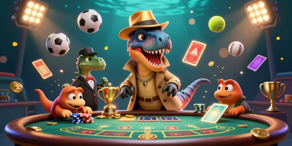 Secure your winning bets at dooball while the velociraptor in disguise counts cards, creating a lively casino scene.
