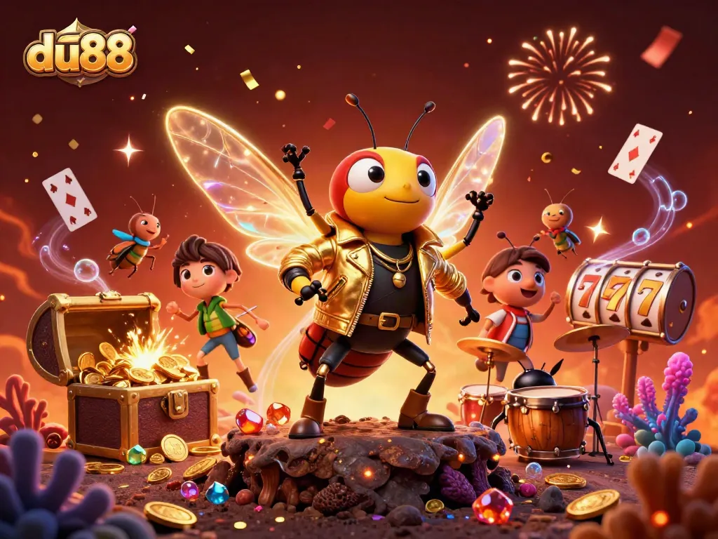 Bettors spin reels in excitement with du88, featuring vibrant 3D cartoon characters in a magical casino atmosphere.