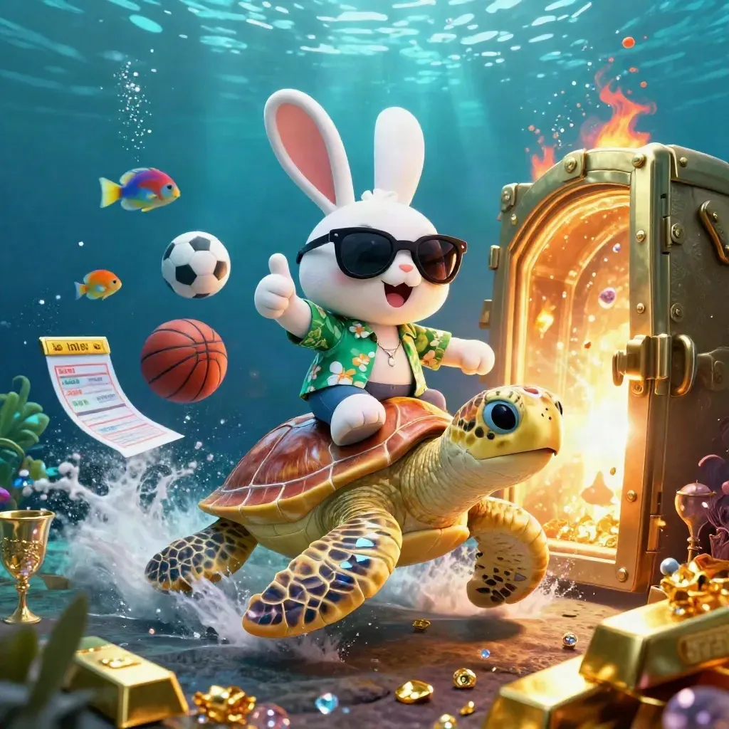 Lucky rabbit rides a golden turtle underwater as treasure bursts, balls and gems swirling.