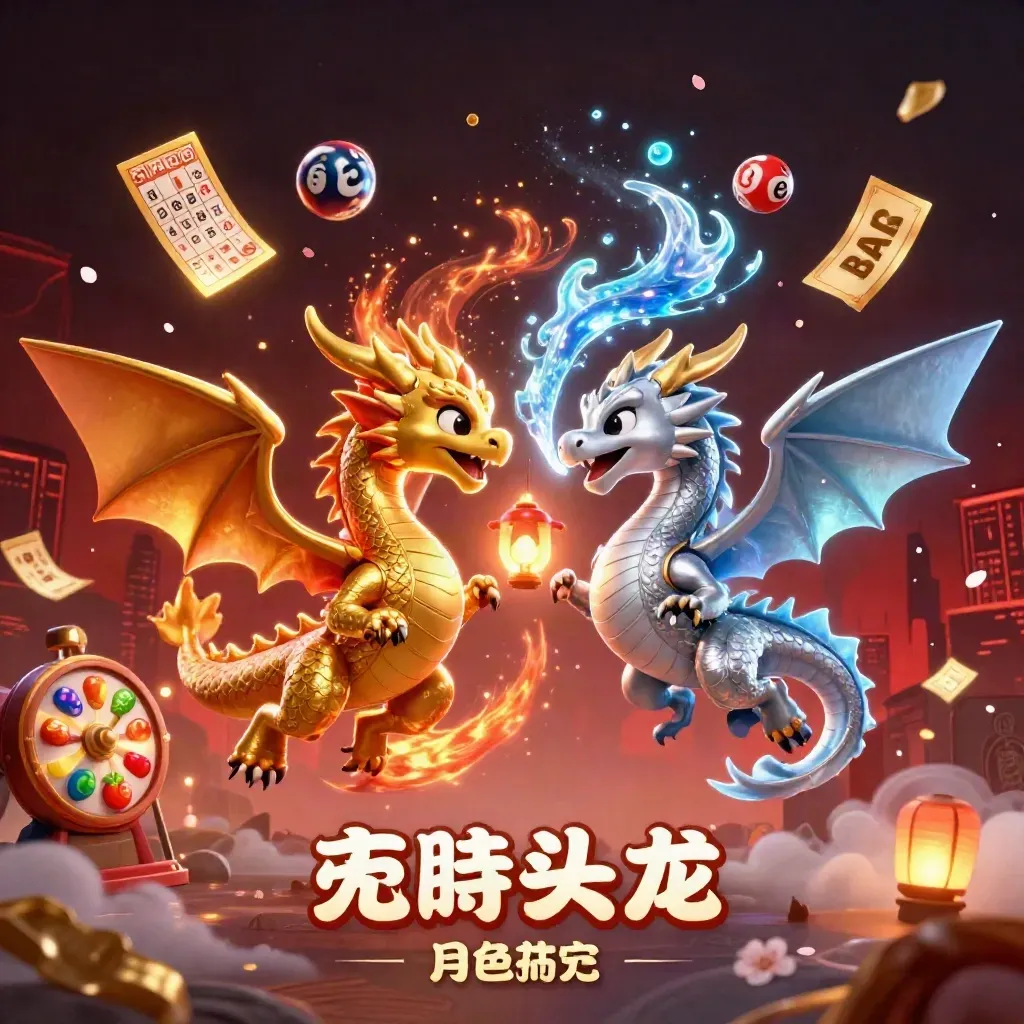 Twin gold and silver dragons in yin-yang flight with casino symbols and neon glow.
