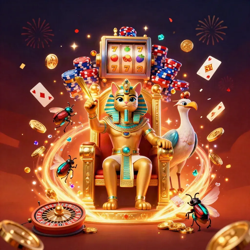 Pharaoh cat, ibis scribe, and gem-wing scarabs amid casino loot and glowing magic