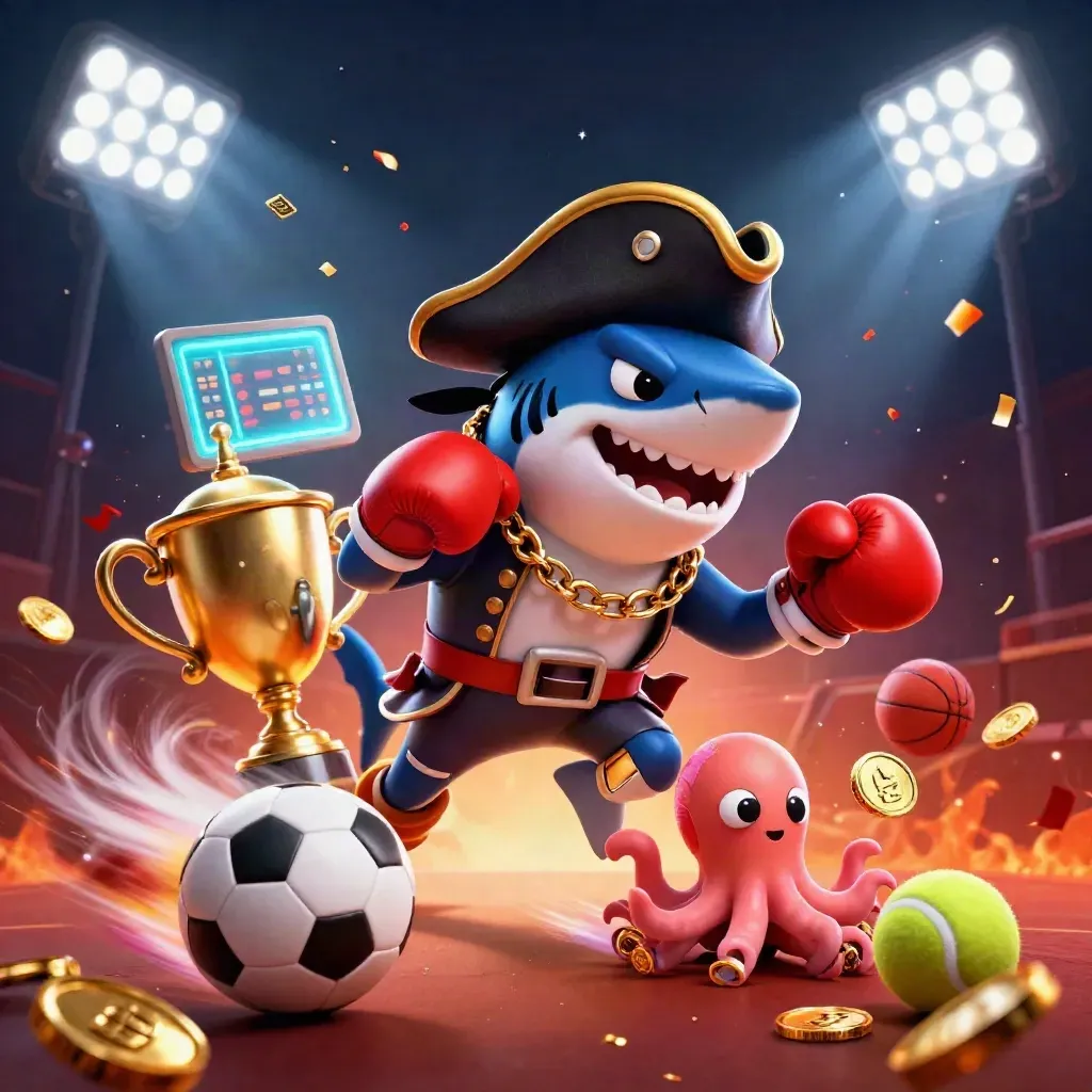 Pirate shark, boxing pufferfish, and coin-juggling octopus amid flying balls, trophy, and neon stadium light.