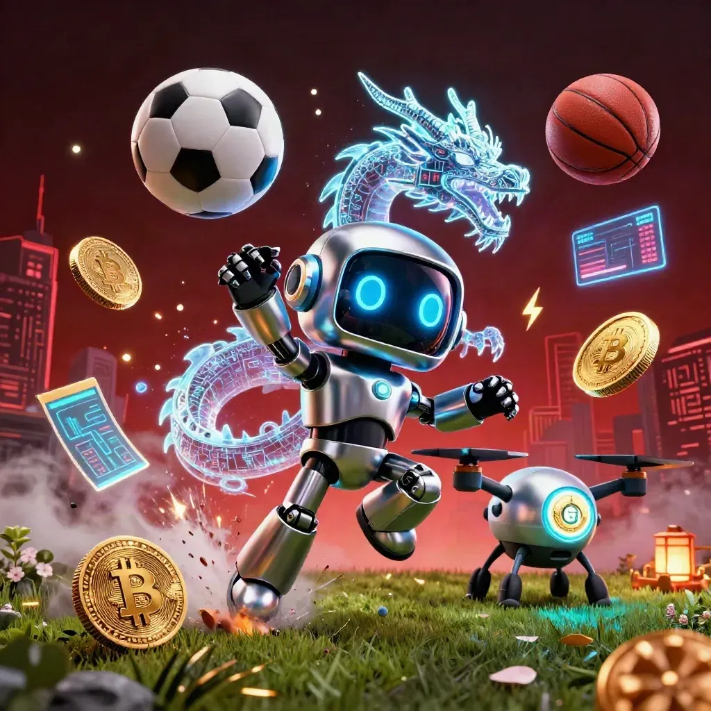 Cyberpunk robot, dragon, drone, sports balls, and casino symbols exploding in neon light.