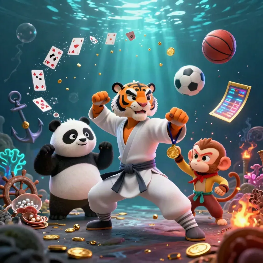 Tiger, panda, and monkey in an underwater treasure cove with coins, balls, and glowing coral.