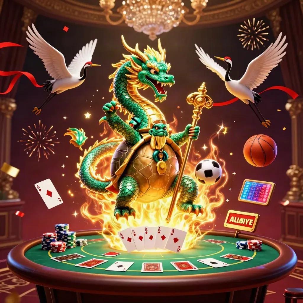 Emerald dragon, turtle sage, and ribboned cranes amid cards, chips, balls, and golden fire