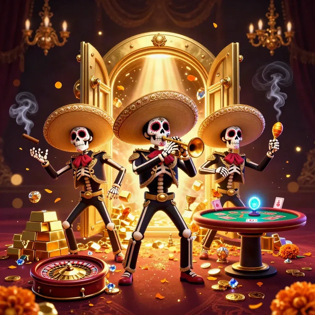 Day-of-the-Dead skeleton mariachi trio before a glowing gold vault in a luxury casino room