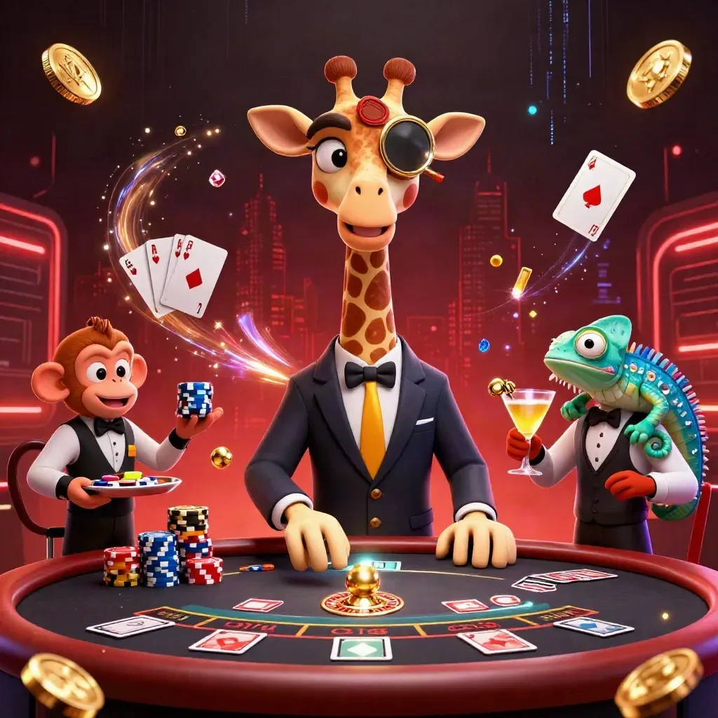 Giraffe, monkey, and chameleon in a glowing casino room with coins, chips, cards, and roulette wheel.