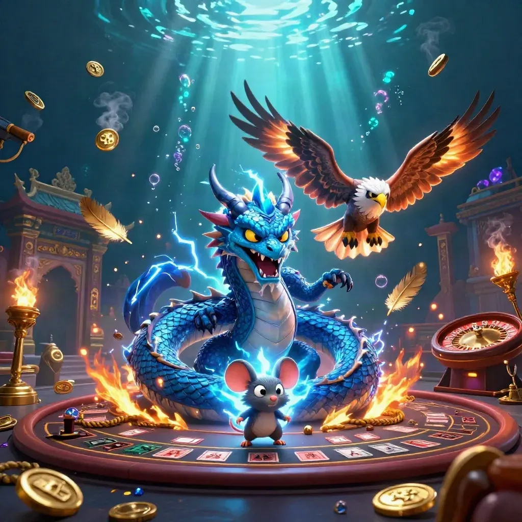 Thunder dragon, wind hawk, and static mouse amid a neon casino, temple gate, and underwater glow.