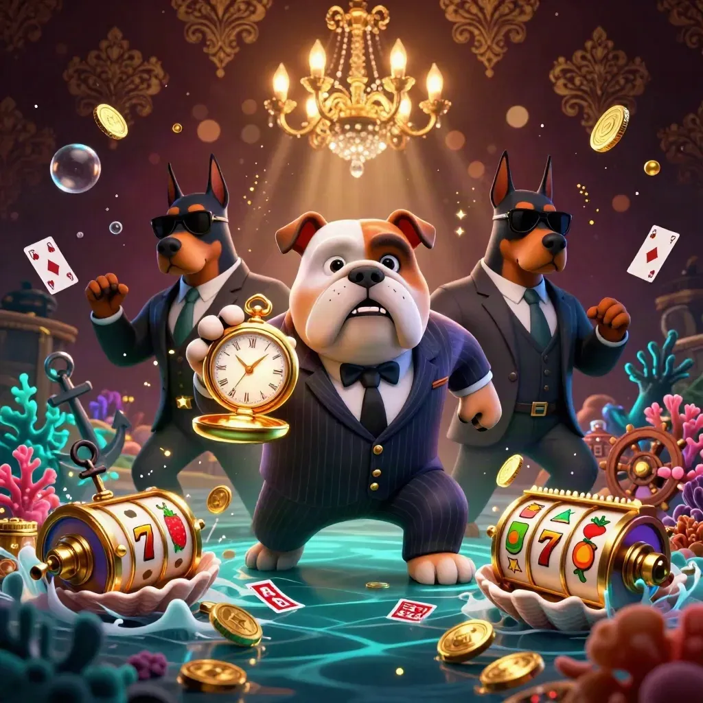 Bulldog mob boss with two Dobermans in a treasure cove, coins, coral, and glowing casino props.
