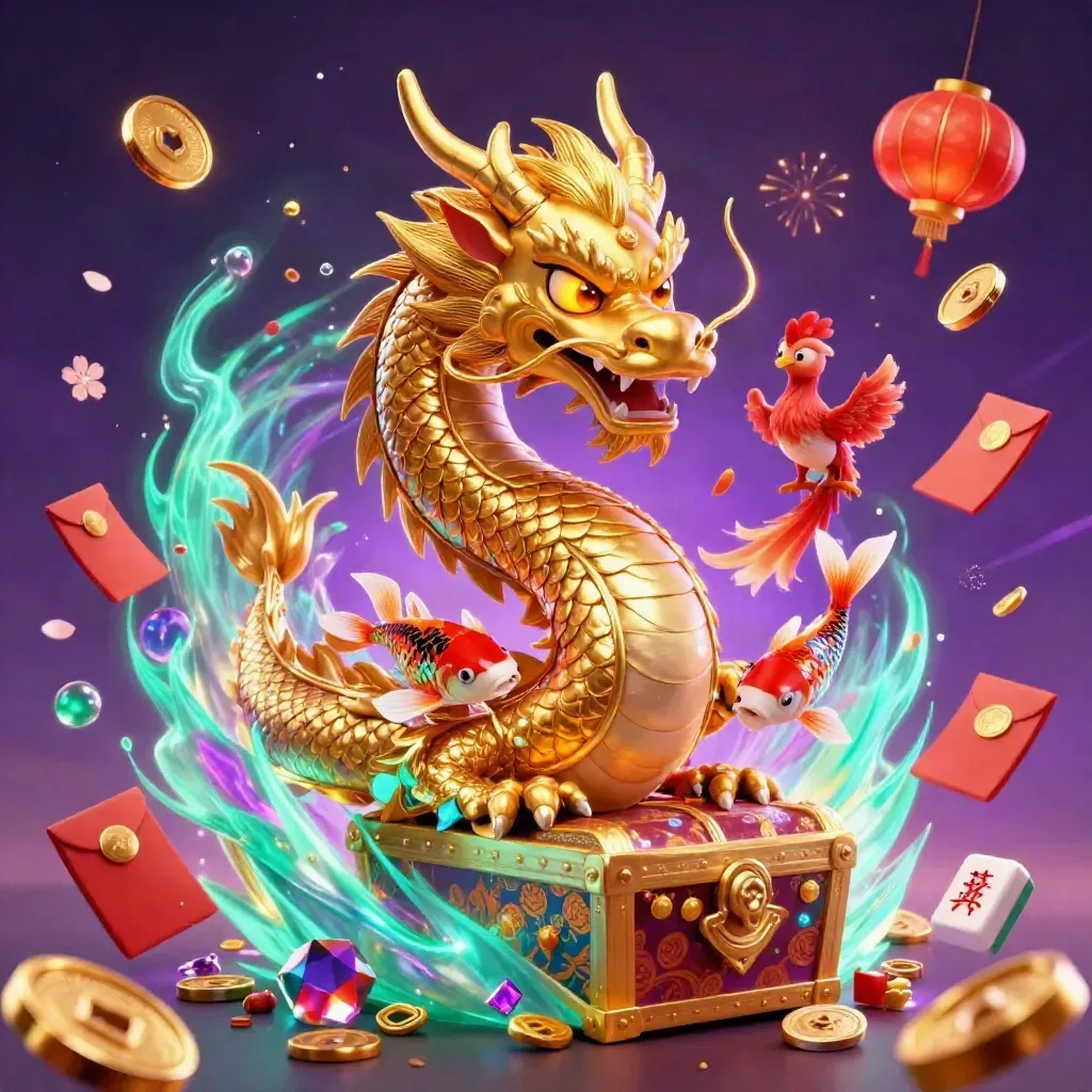 Golden dragon, phoenix, koi and casino gems exploding in neon gold on a purple starry background.