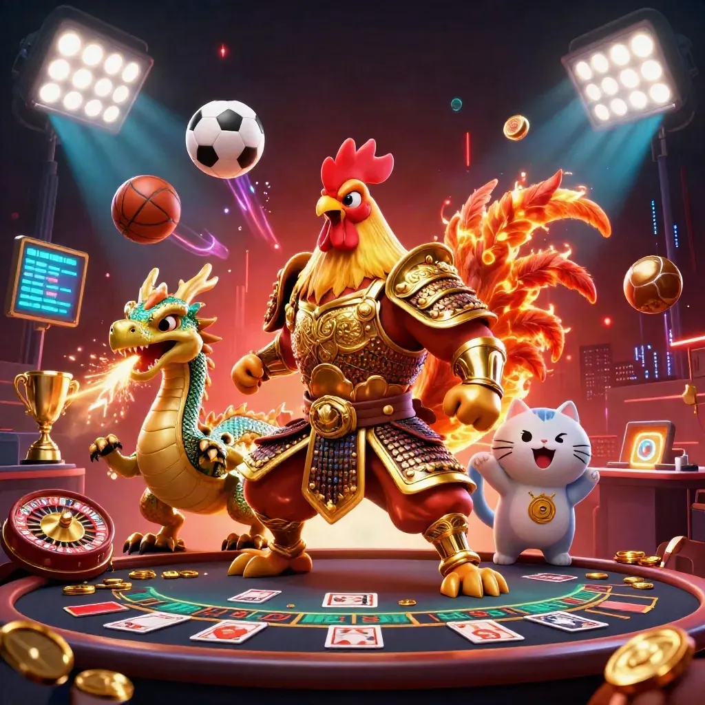 Rooster warrior, dragon hatchling and fortune cat in a neon casino with sports props and brass lights
