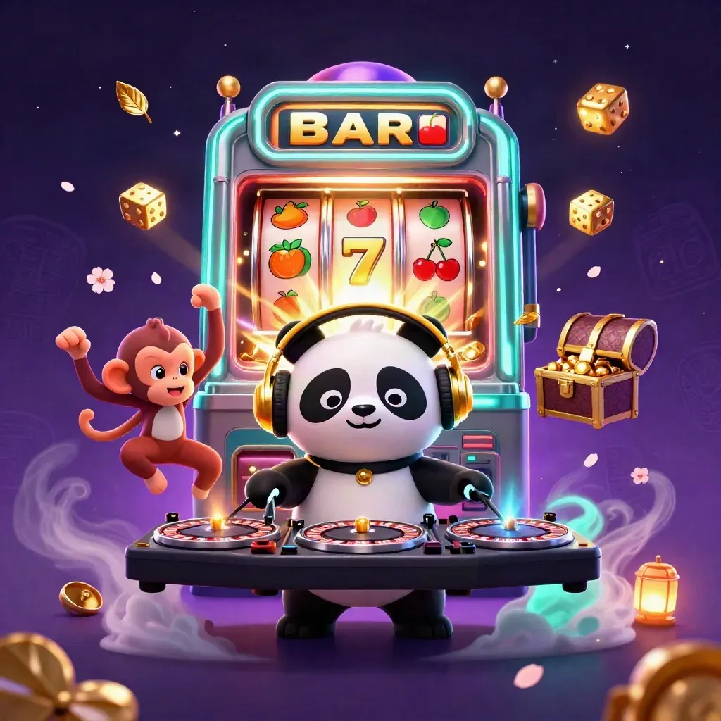 DJ panda, breakdancing monkey and rave kitten amid exploding slots, gold and teal casino chaos