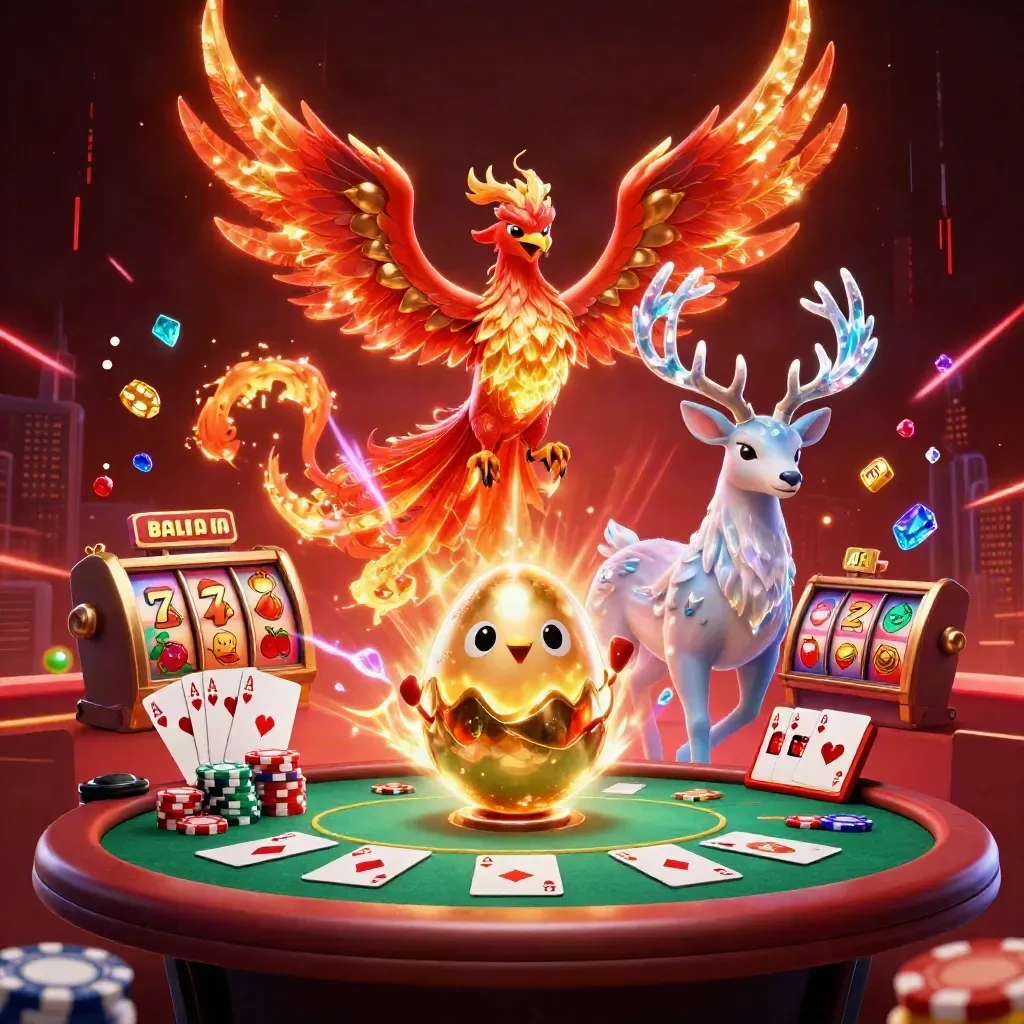 Crimson phoenix, hatchling, and crystal stag amid casino cards, chips, reels, and neon energy.