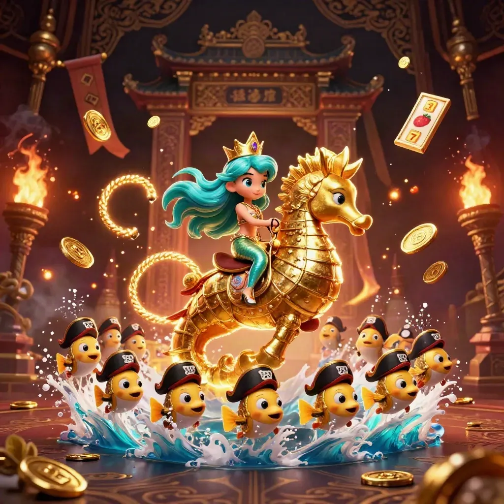 Mermaid princess on armored seahorse amid pirate fish, coins, fire, temple gate, and neon casino glow