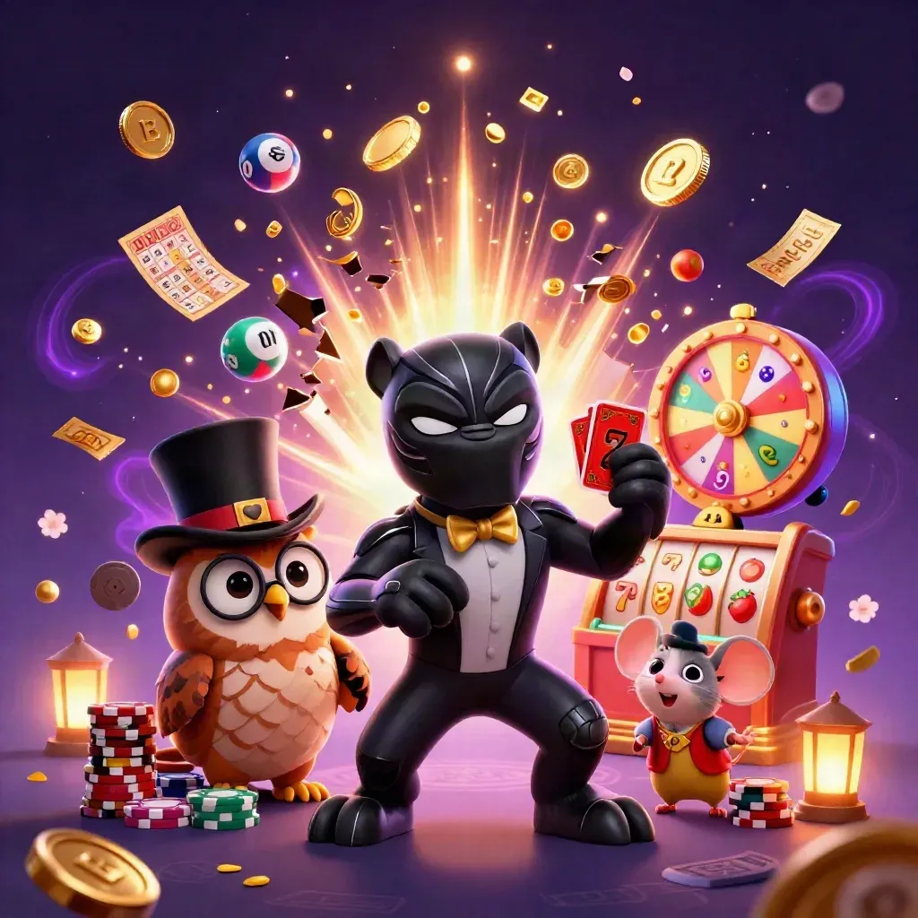 Panther, owl and mouse celebrate amid coins, reels, fireworks and magical casino lights.