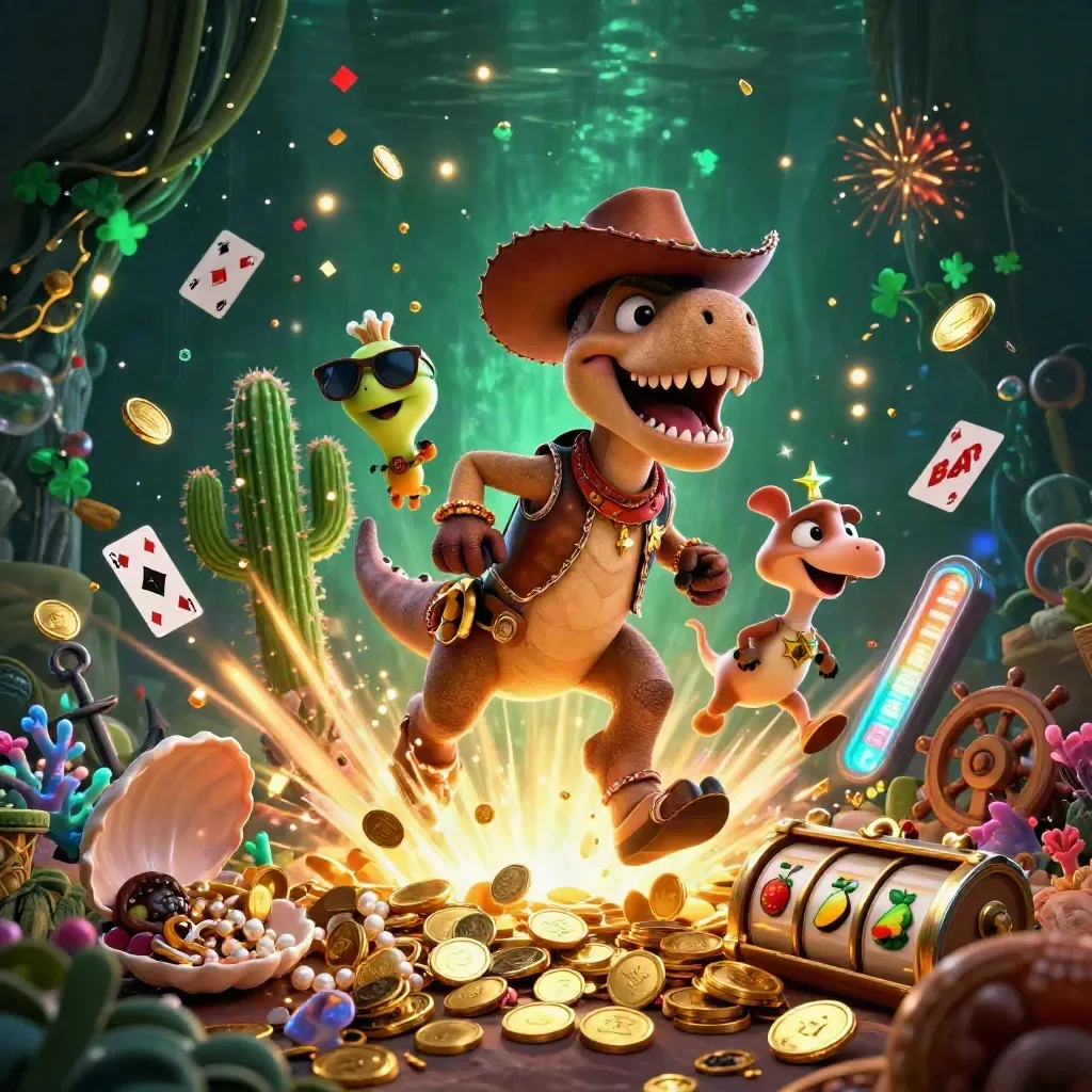 Cartoon cowboy T-Rex, cactus, and roadrunner amid gold coins, coral, and casino effects.