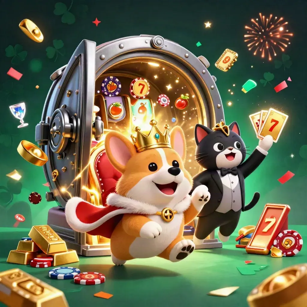 Royal corgi and cat butler amid gold, gems, vault light, confetti, fireworks, casino glamour.
