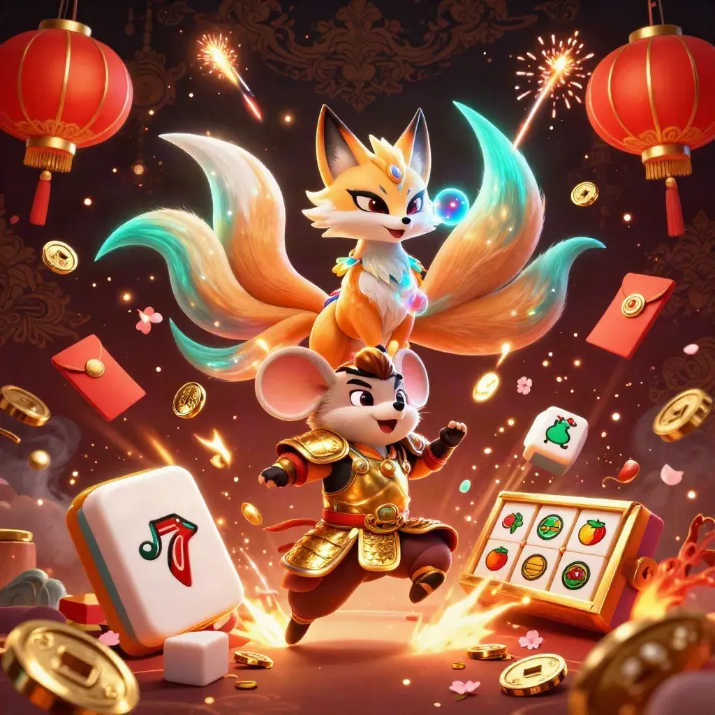 Neon fox spirit and golden mouse amid coins, lanterns, fireworks, and casino symbols