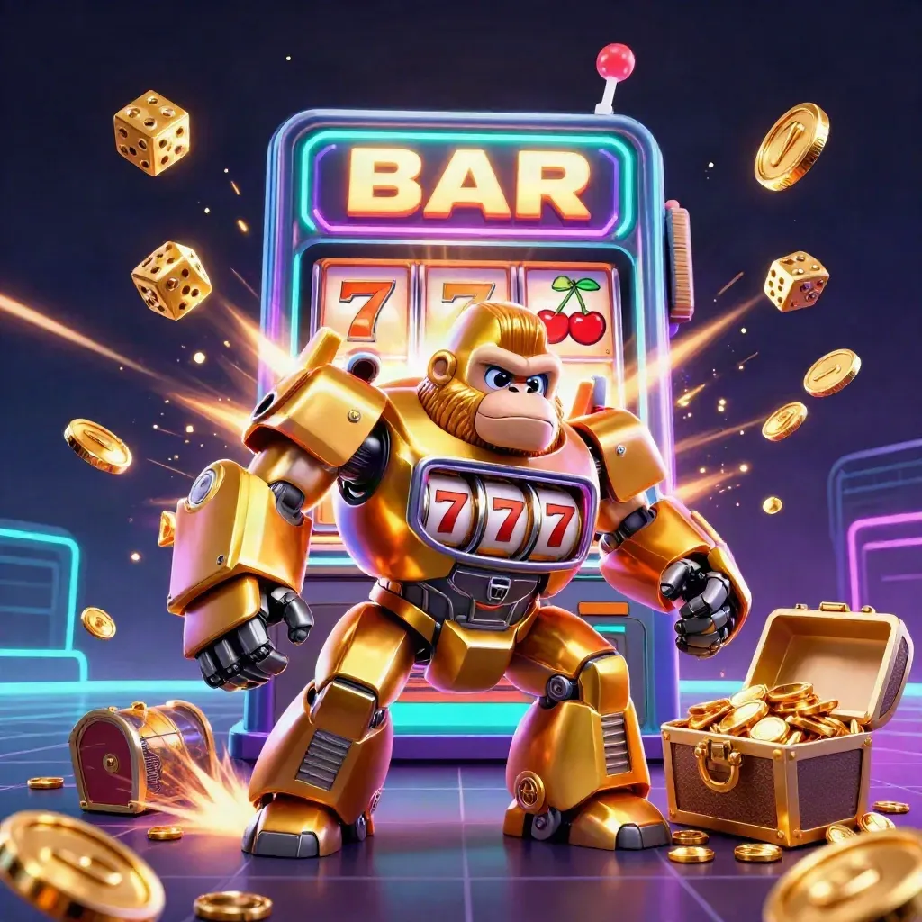 Golden gorilla slot mech with tiny monkey pilot bursts amid gold coins and neon jackpot light