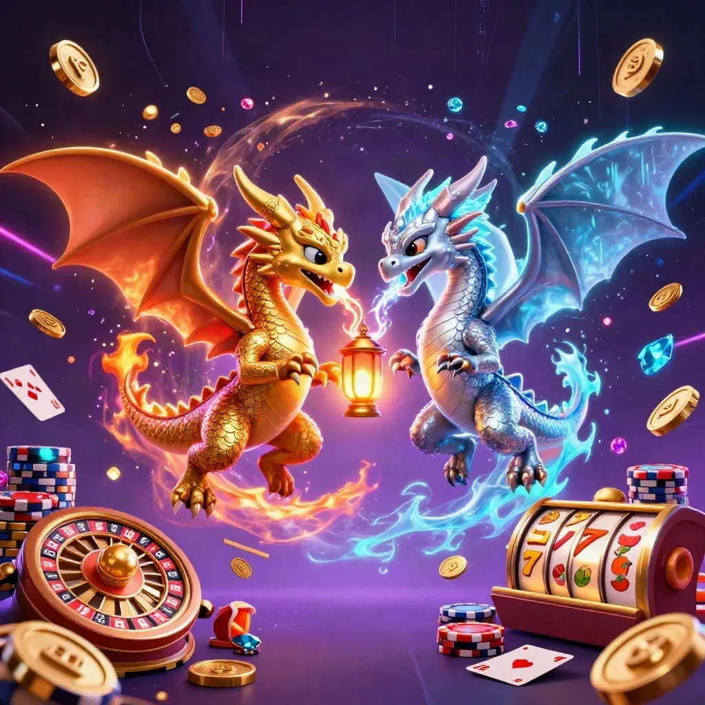Twin gold and silver dragons form a yin-yang blaze amid casino reels, coins, cards, and neon magic.