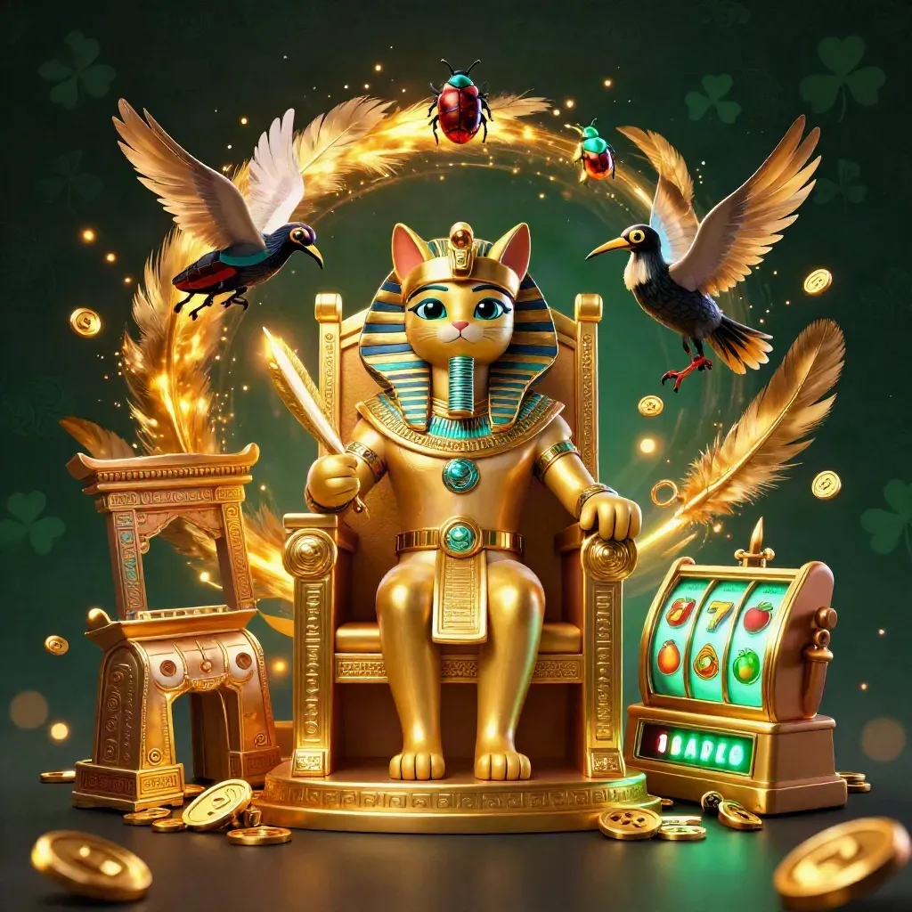 Pharaoh cat on a throne with scribe, scarabs, slots, coins, and glowing casino magic