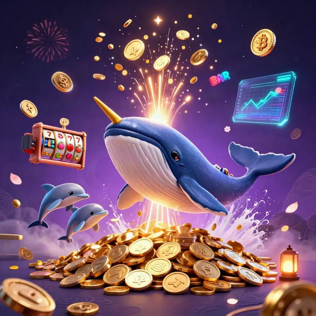 Whale captain, narwhal, and dolphins bursting from coins with neon casino effects