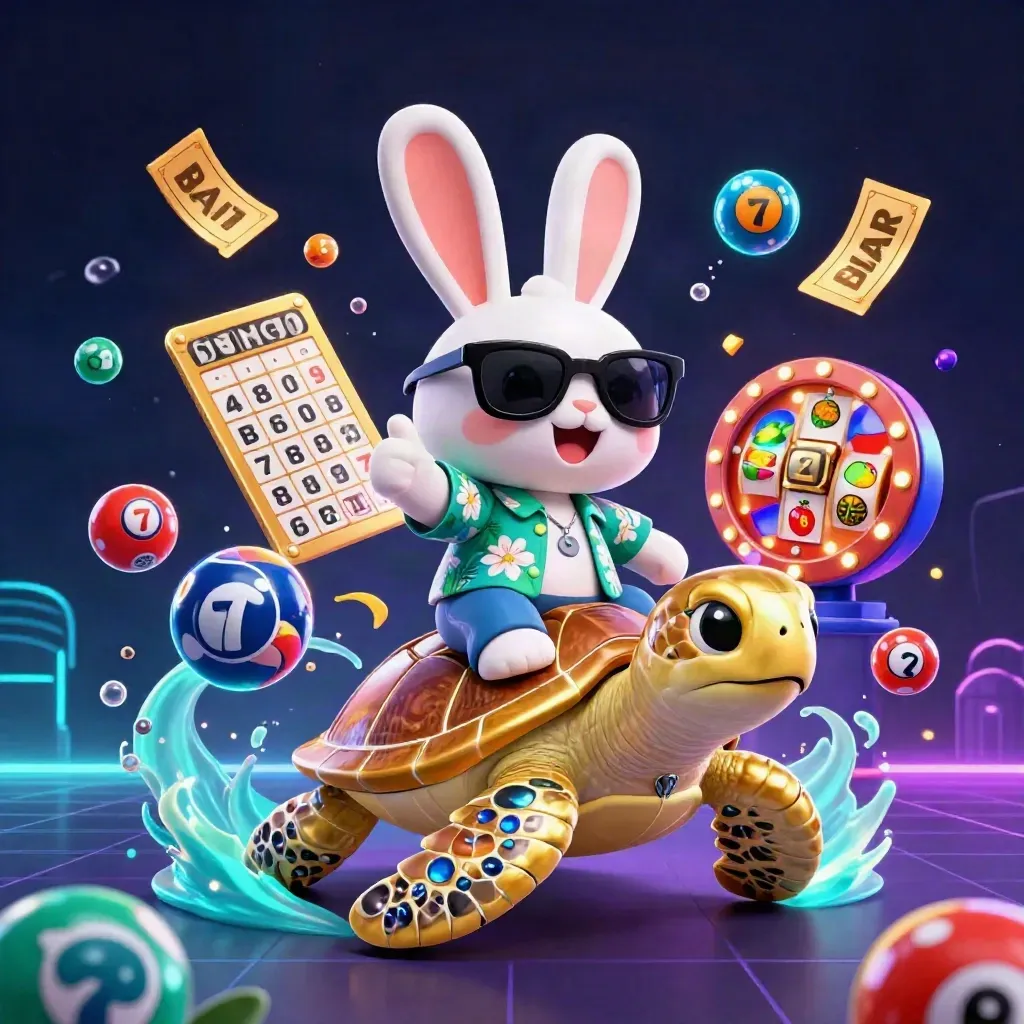 Rabbit on golden turtle amid slot symbols, lottery balls, bingo card, wheel, and neon underwater glow.