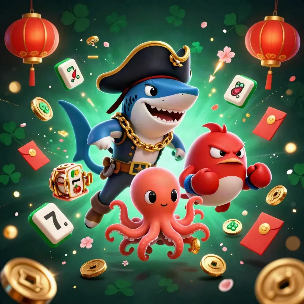 Pirate shark, boxing pufferfish, and coin-juggling octopus amid casino bursts and neon gold-teal glow.