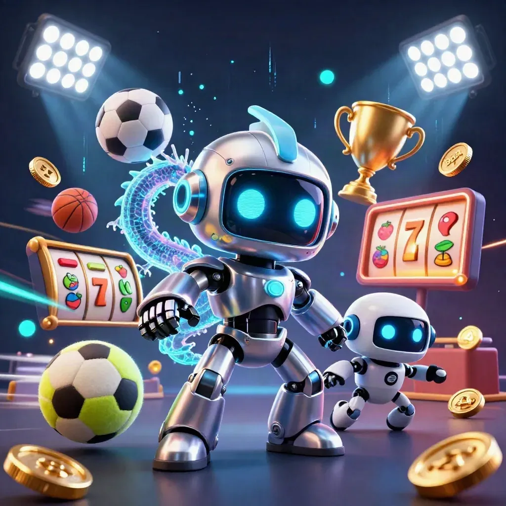 Cyberpunk robot, holographic dragon, and coin drone amid casino sports icons and neon effects.
