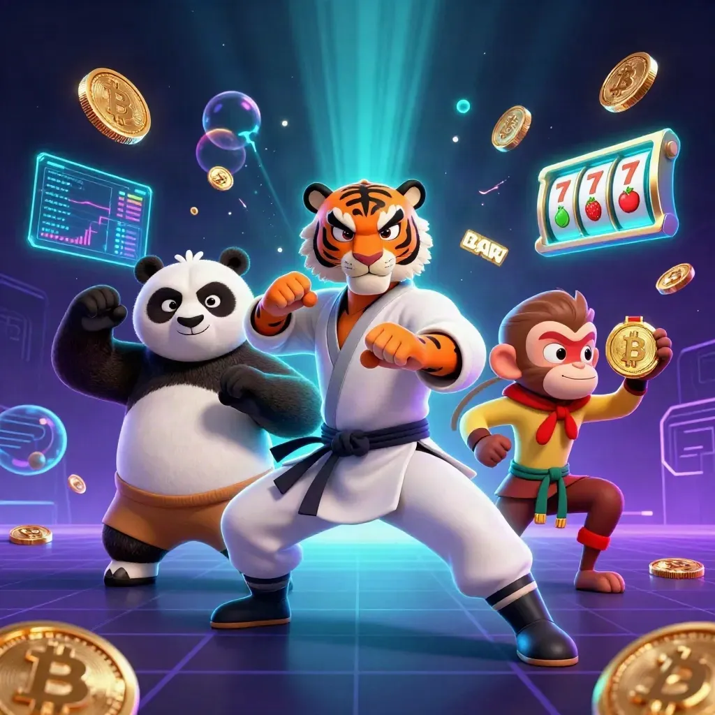 Kung-fu tiger, panda, and monkey amid neon coins, reels, lightning, and casino glow.