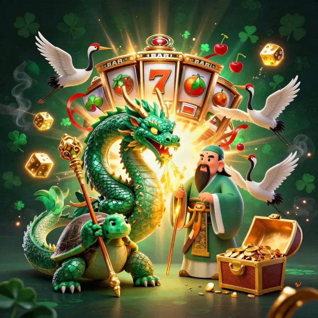 Dragon, turtle sage, and cranes amid slot machine gold bursts in a neon casino fantasy.
