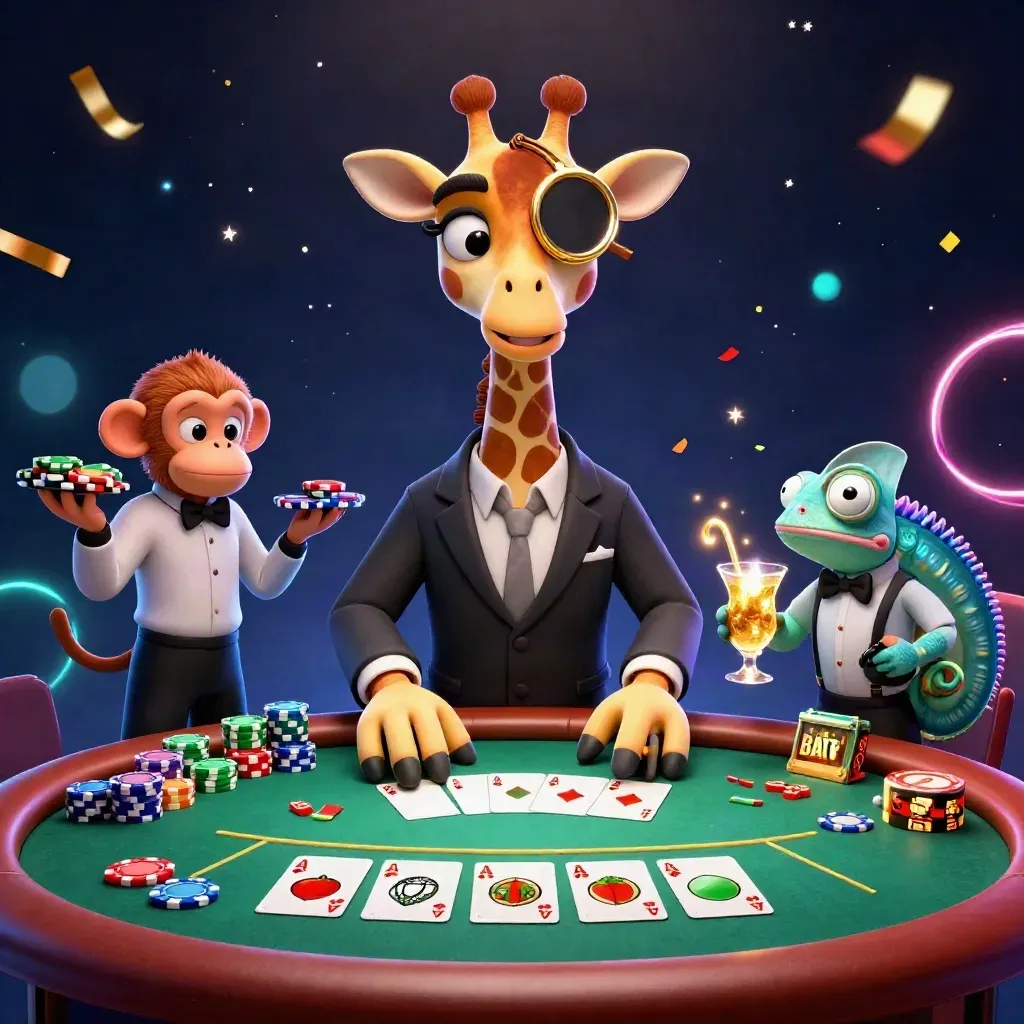 Giraffe, monkey, and chameleon at a neon casino poker table with chips and slot reels.