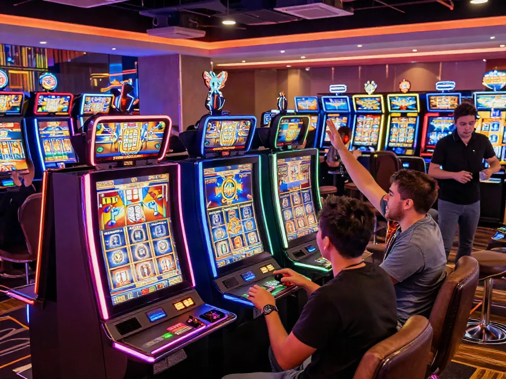 Engaged players enjoying various slot demo games in a vibrant casino atmosphere.