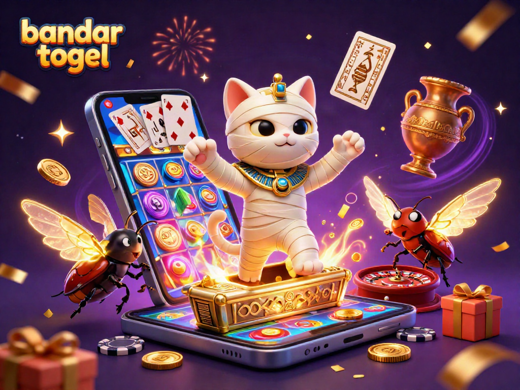Bandar togel: 3D animated Egyptian mummy cat and scarab in a dynamic casino scene.