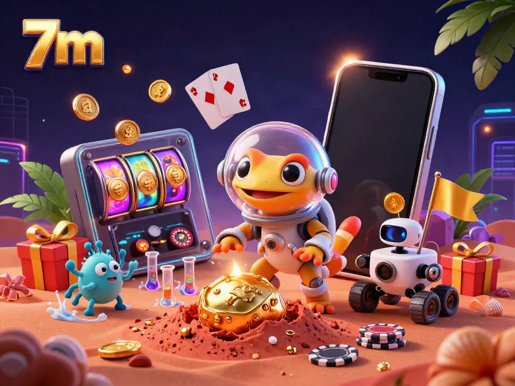 Experience thrilling slot games with a 7m Martian gecko discovering a golden casino.