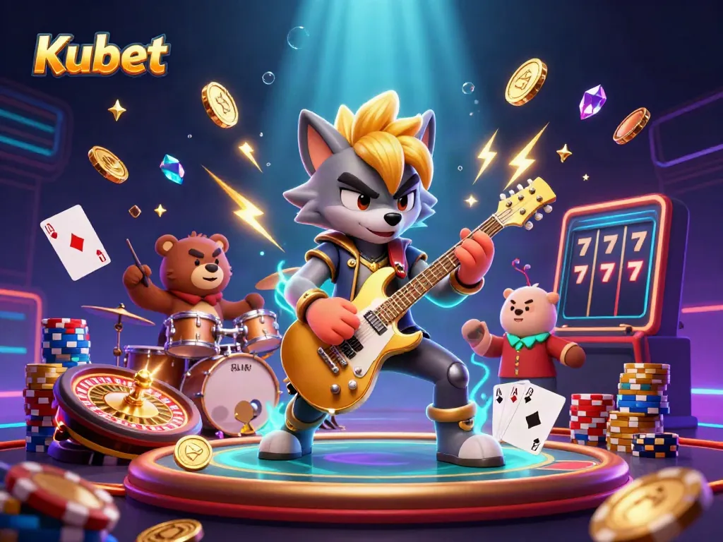 Experience thrilling gaming at Kubet with a cartoon wolf rock star shredding on a golden guitar.