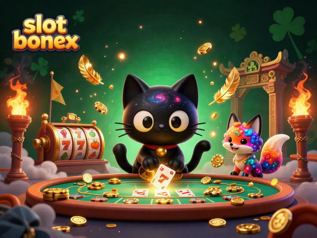 Experience thrilling slot bonus action with a cosmic cat and a nebula fox amidst gleaming casino elements.