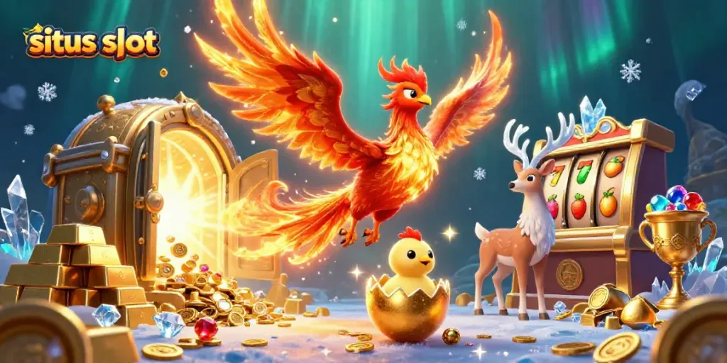 Ilustrasi situs slot menampilkan phoenix api, telur emas, dan stag mistis dikelilingi harta berkilau.