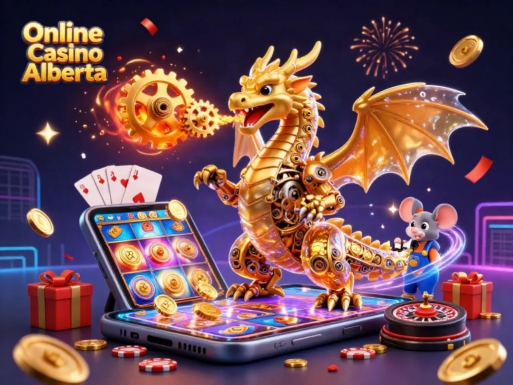 Engage with thrilling games at Online Casino Alberta featuring golden cogs and colorful slots bursting with energy.