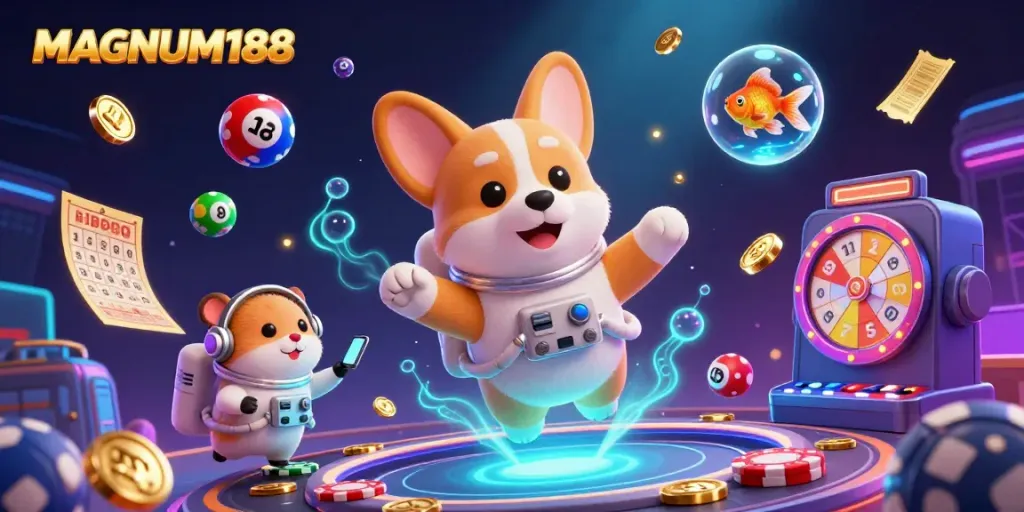 Engage in an exciting gambling adventure with MAGNUM188 in a futuristic casino space featuring floating characters.